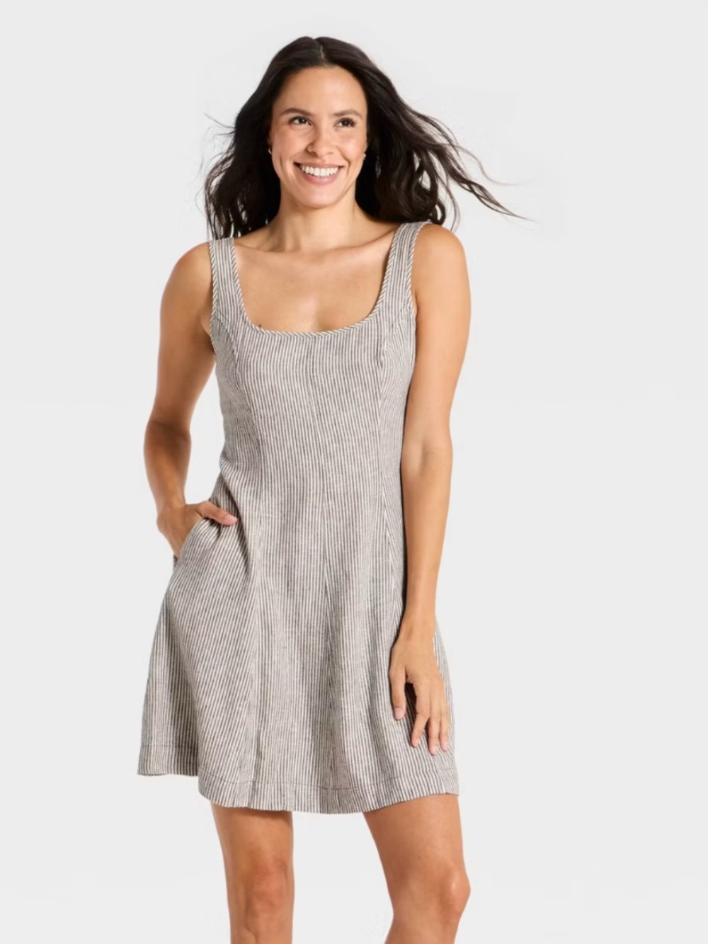NWOT Women's Linen Mini Dress - Universal Thread™ Brown Stripe L